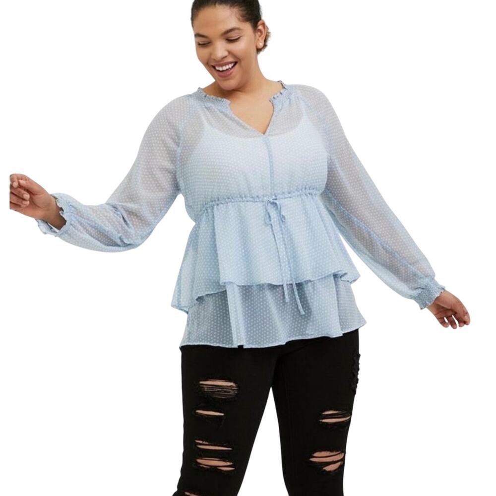 Torrid Light Blue White Polka Dot Semi Sheer Long Sleeve Top 10